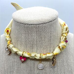 Yellow Pink Mod Flower Pattern Satin Scarf Necklace w/ Gold Charms Preppy